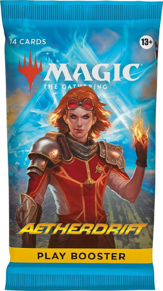 A sealed Aetherdrift Play Booster pack featuring Chandra Nalaar on the front.