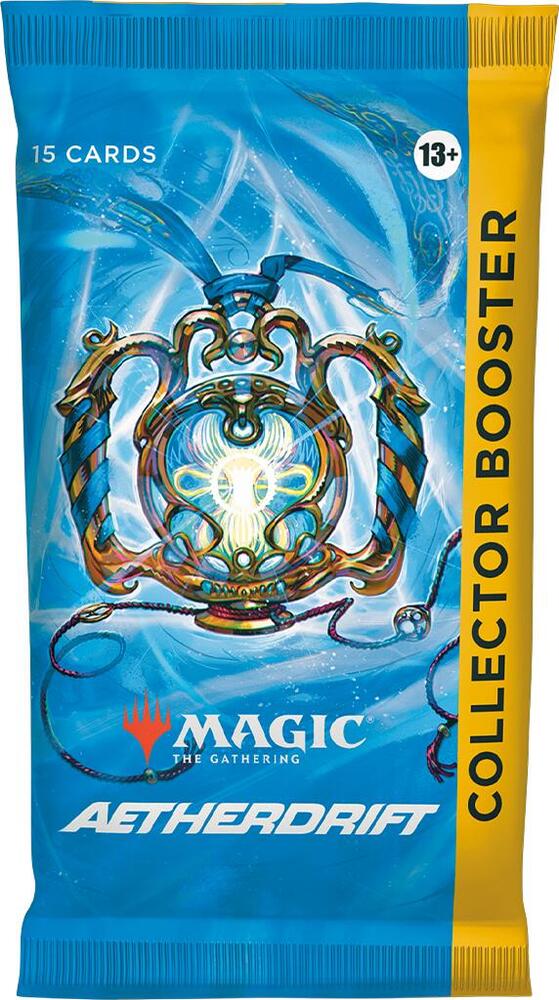 An Aetherdrift Collector Booster pack featuring a blue and yellow design with 15 cards.