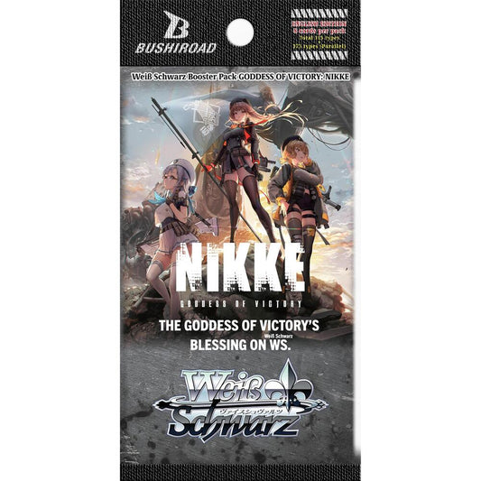 A Weiss Schwarz booster pack featuring Goddess of Victory Nikke character artwork.