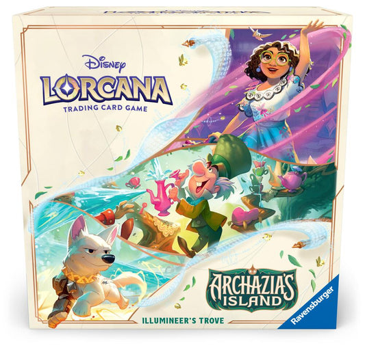 A Lorcana Archazia's Island Illumineer's Trove box featuring Mirabel, the Mad Hatter, and Bolt.
