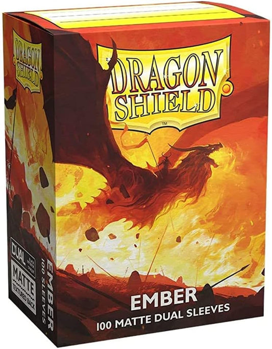 A box of Dragon Shield Ember Dual Matte card sleeves featuring a dragon illustration.