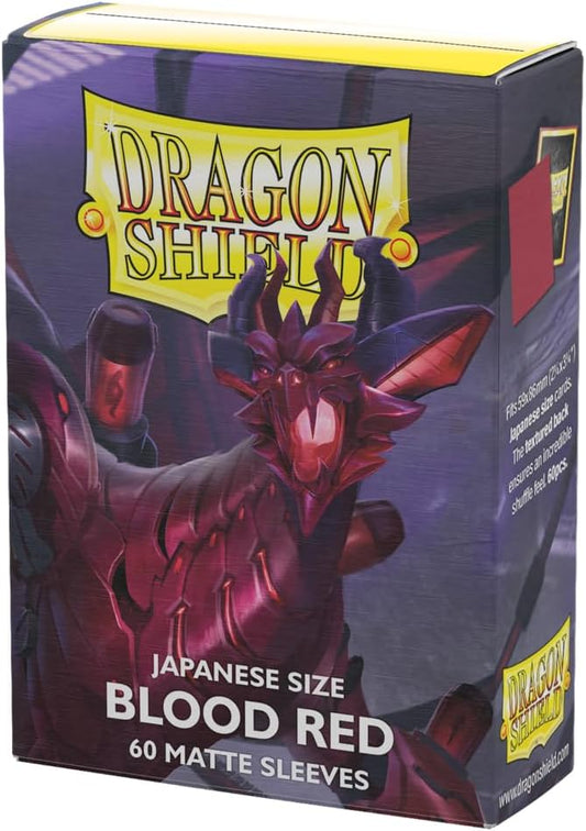 A box of 60 Japanese size Blood Red matte card sleeves featuring a dragon illustration.