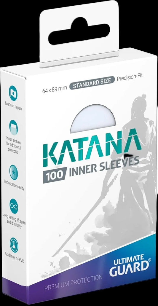 A box of 100 Ultimate Guard Katana inner sleeves for standard size trading cards.