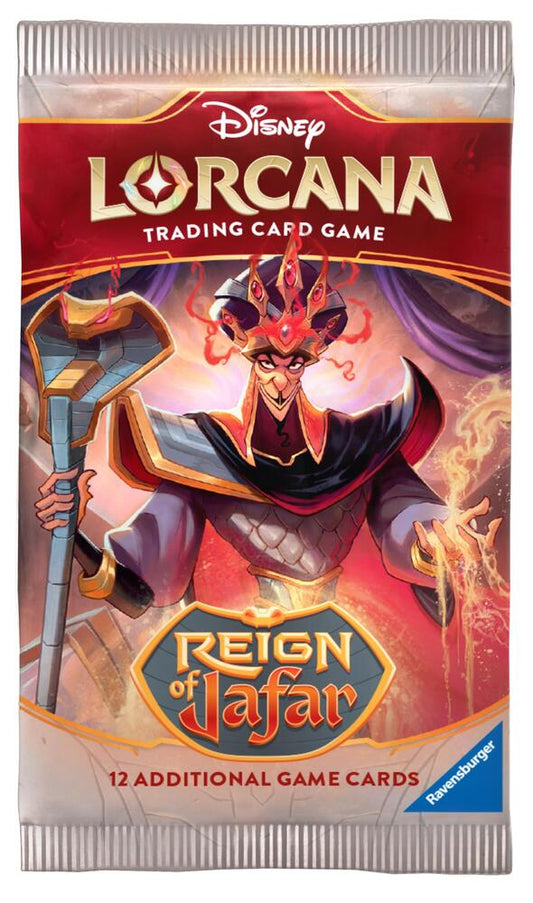 A Disney Lorcana Reign of Jafar booster pack featuring Jafar holding a cobra staff.