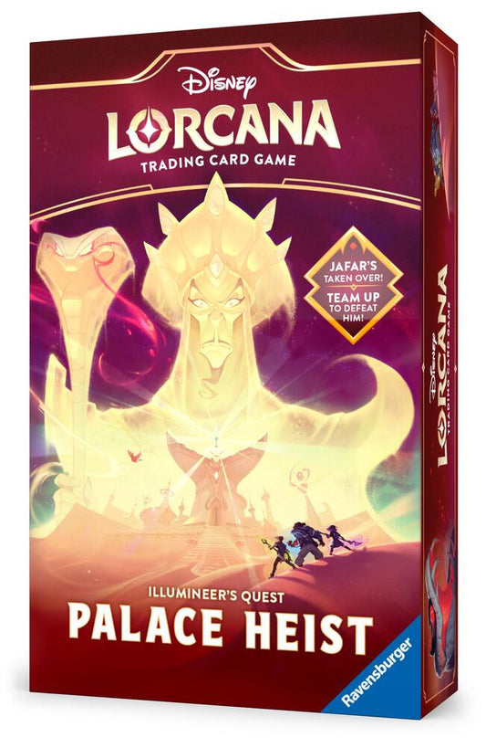 The Disney Lorcana Palace Heist cooperative card game box features a golden Jafar illustration.