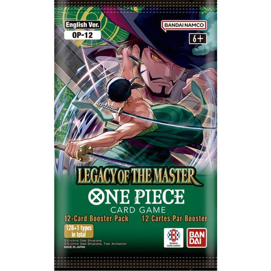 A One Piece Card Game booster pack featuring Zoro and Mihawk on the packaging.