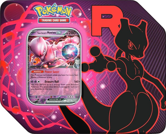A Pokemon Team Rocket tin featuring a Team Rocket's Mewtwo ex card on the front.