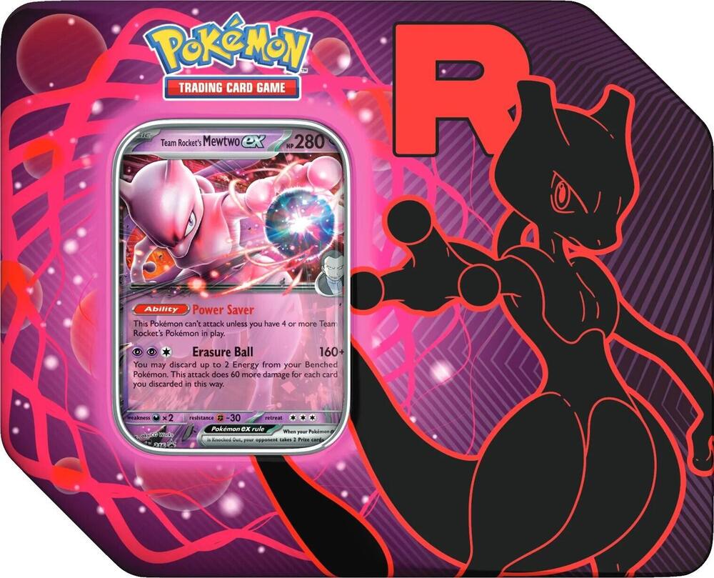 A Pokemon Team Rocket tin featuring a Team Rocket's Mewtwo ex card on the front.
