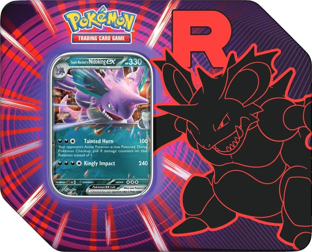 A Pokemon Team Rocket tin featuring a Team Rocket's Nidoking ex card and a red R logo.
