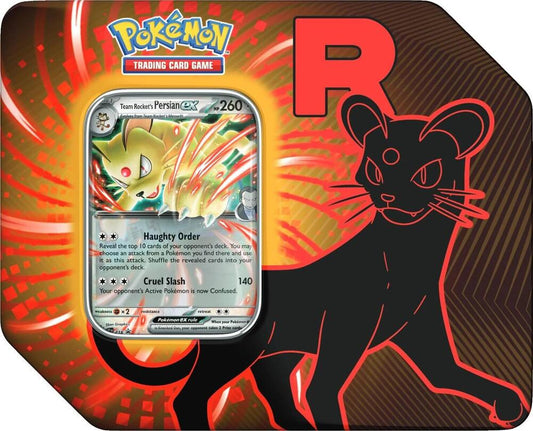 A Pokemon Team Rocket tin featuring a Team Rocket's Persian ex card and a black Persian silhouette.