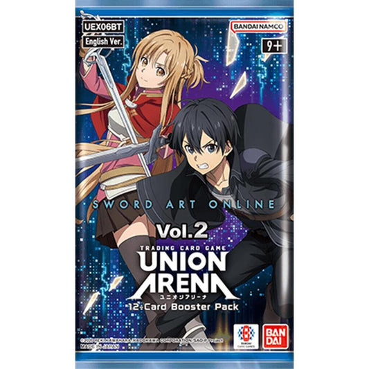 A Sword Art Online Vol. 2 Union Arena trading card game booster pack featuring Asuna and Kirito.