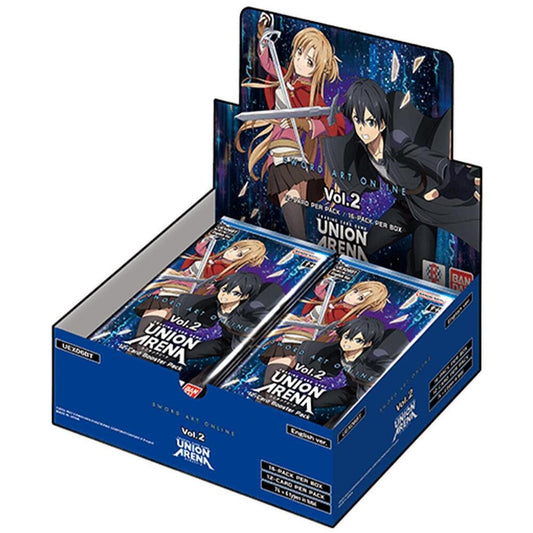A Sword Art Online Vol.2 Union Arena booster box featuring Kirito and Asuna on the packaging.