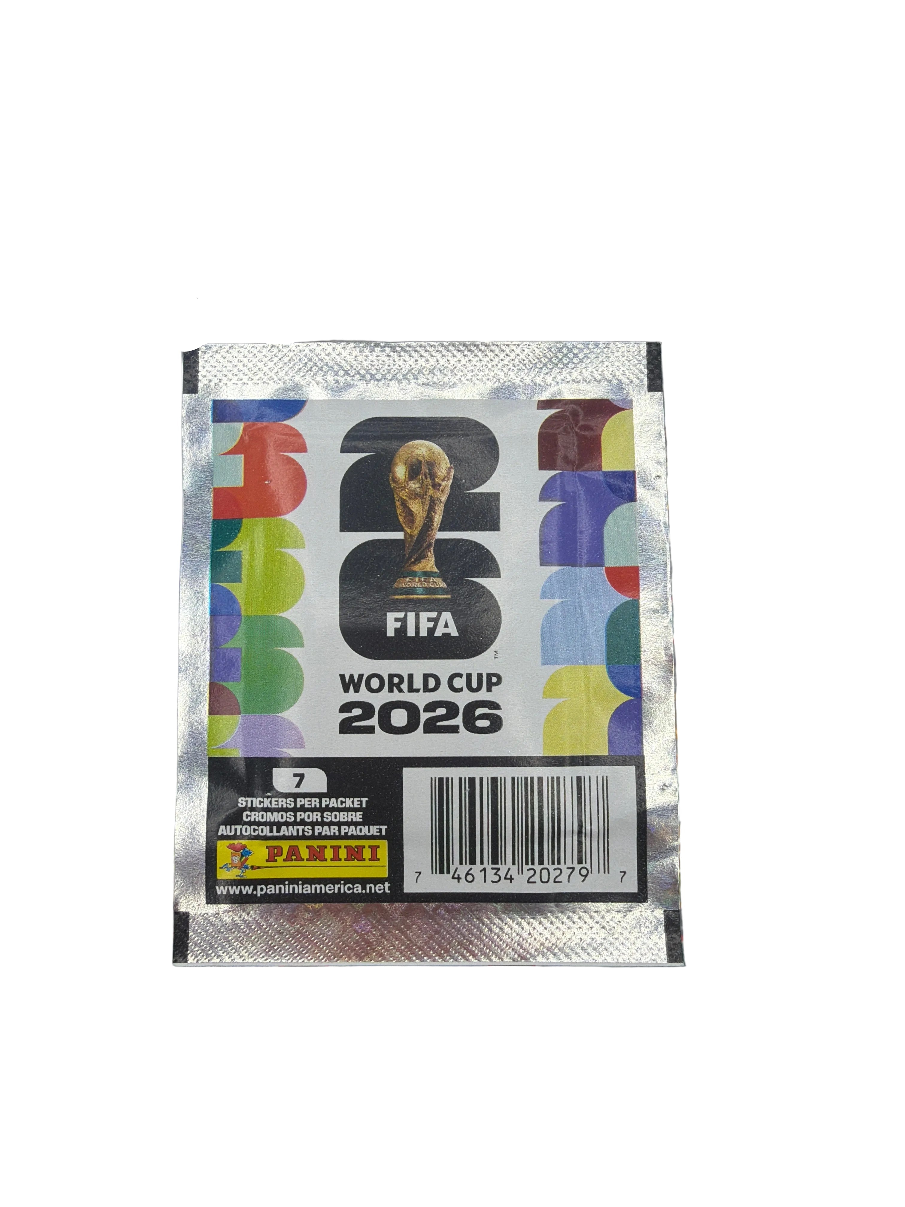 A sealed Panini 2026 FIFA World Cup soccer sticker pack featuring the tournament logo.