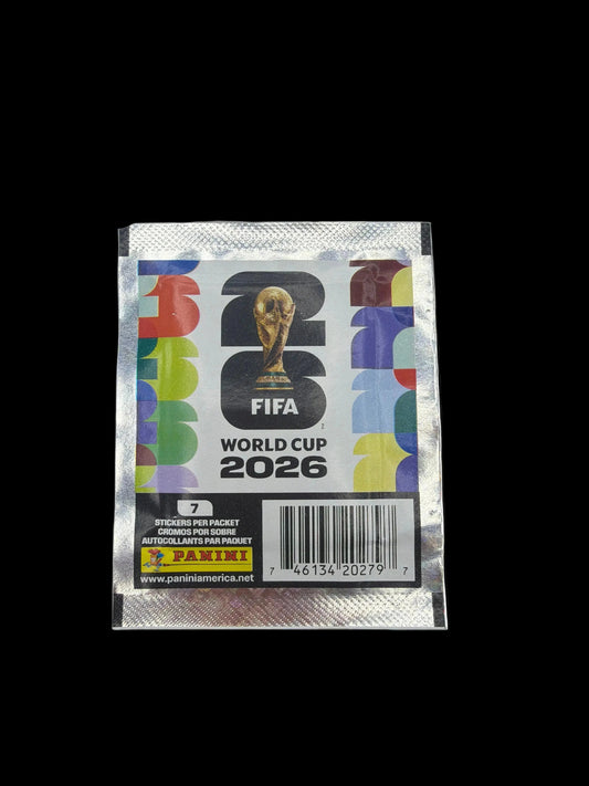 A sealed Panini 2026 FIFA World Cup soccer sticker pack featuring the tournament logo.