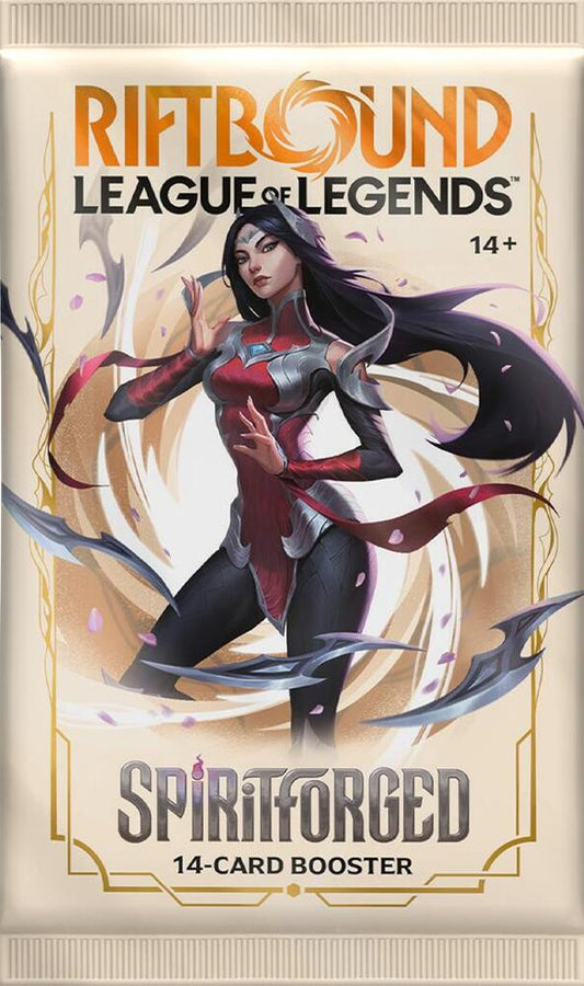 A League of Legends Spiritforged booster pack featuring Irelia on the front.