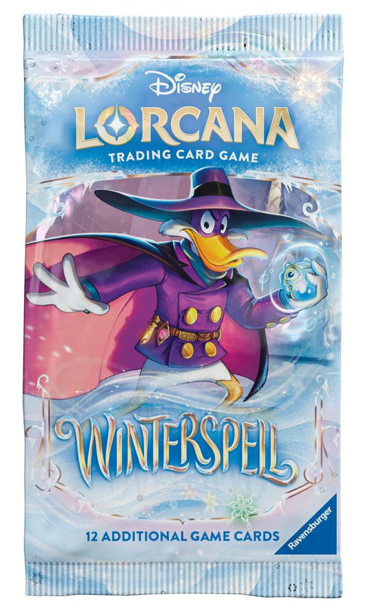 A Disney Lorcana Winterspell booster pack featuring Darkwing Duck on the front.