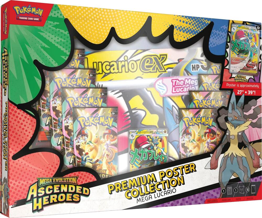 Pokemon Ascended Heroes Premium Poster Collection box featuring Mega Lucario and booster packs.