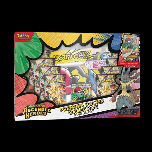 Pokemon Ascended Heroes Premium Poster Collection box featuring Mega Lucario and booster packs.