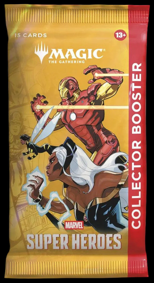 Marvel Super Heroes trading card booster pack with superhero characters on a yellow and red background.