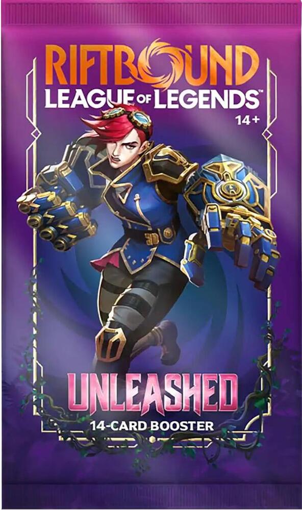 A purple Riftbound Unleashed booster pack featuring Vi from League of Legends.