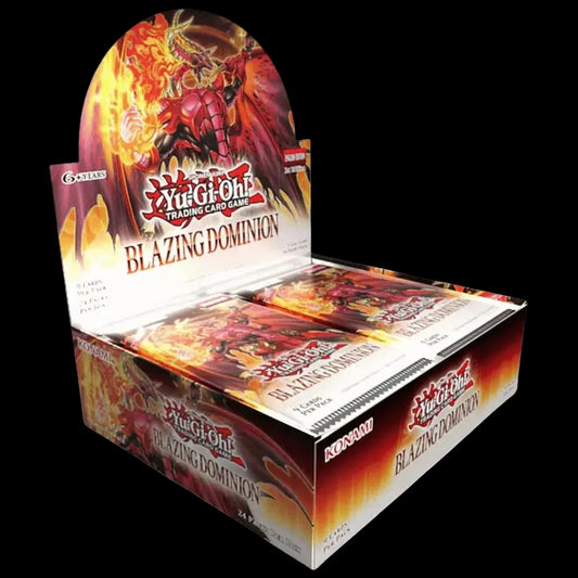 A sealed Yu-Gi-Oh Blazing Dominion booster box featuring fiery dragon artwork.