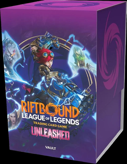 A purple RiftBound Unleashed Vault storage box featuring League of Legends character artwork.
