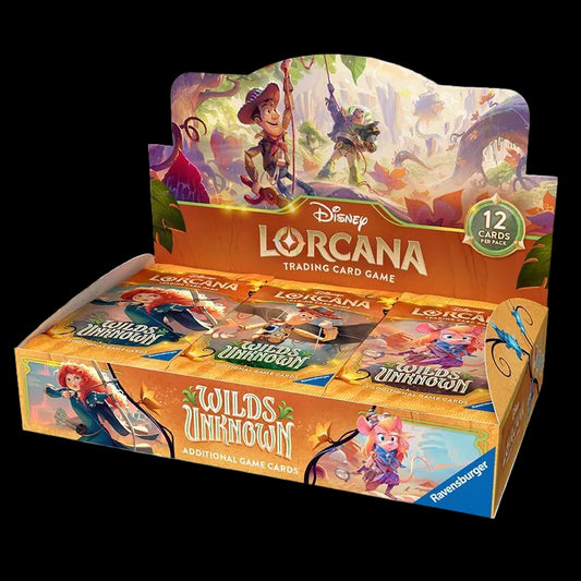 A Disney Lorcana Wilds Unknown booster box featuring Woody and Buzz Lightyear on the display.
