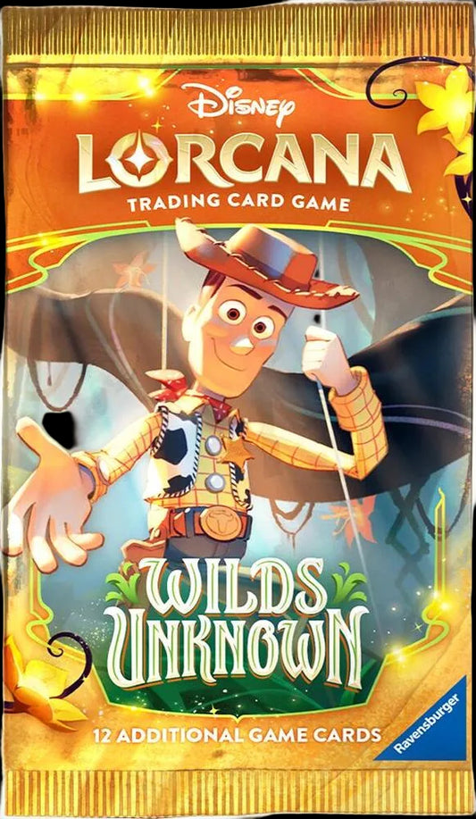 A Disney Lorcana Wilds Unknown booster pack featuring Woody from Toy Story on the front.