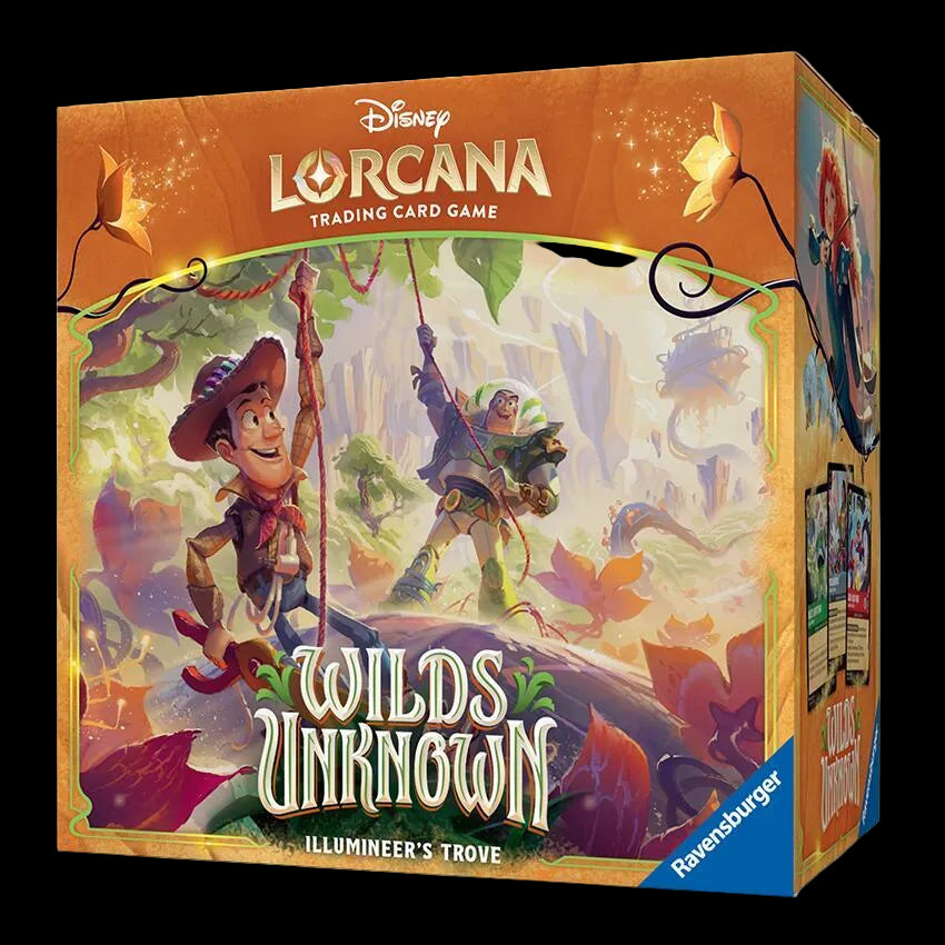 A Disney Lorcana Wilds Unknown Illumineer's Trove storage box featuring Woody and Buzz Lightyear.