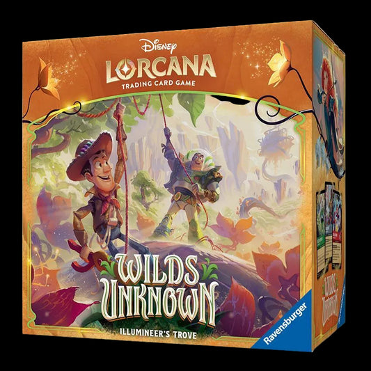 A Disney Lorcana Wilds Unknown Illumineer's Trove storage box featuring Woody and Buzz Lightyear.