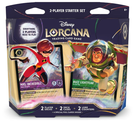 Disney Lorcana Wilds Unknown 2 Player Starter Set featuring Mrs. Incredible and Buzz Lightyear.