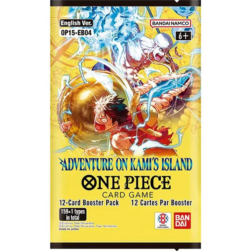 A One Piece Card Game booster pack featuring Luffy and Enel on a yellow background.