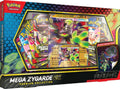 A Pokemon Mega Zygarde ex Premium Collection box featuring booster packs and a promo card.
