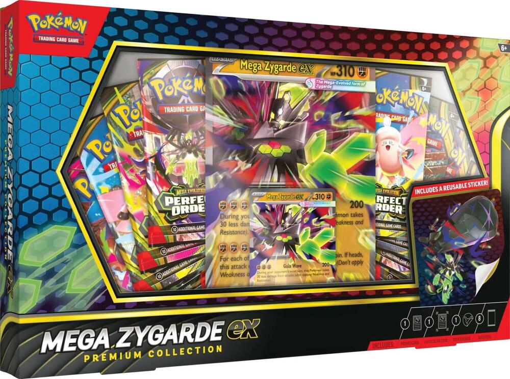 A Pokemon Mega Zygarde ex Premium Collection box featuring booster packs and a promo card.