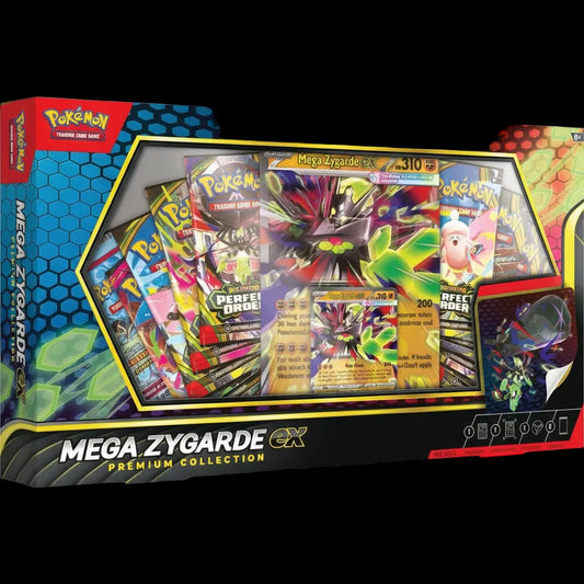 A Pokemon Mega Zygarde ex Premium Collection box featuring booster packs and a promo card.