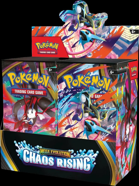 A Pokemon Chaos Rising booster box featuring artwork of Mega Evolution creatures.