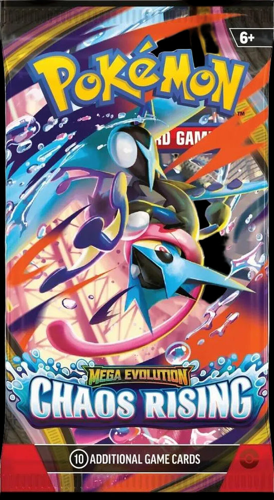 A Pokemon Chaos Rising booster pack featuring Mega Greninja artwork.