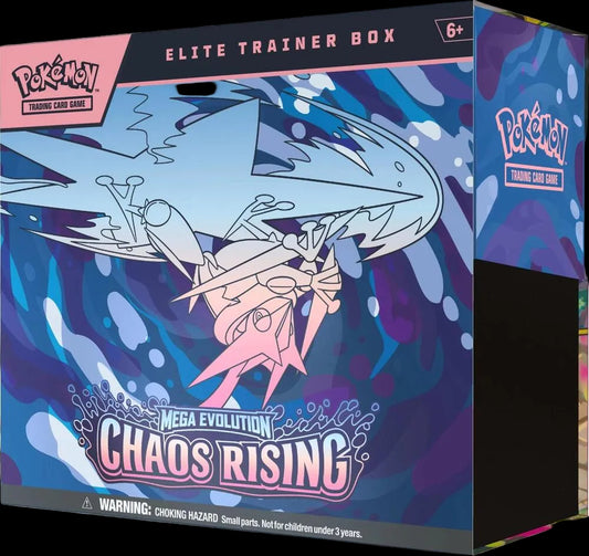 A Pokemon Chaos Rising Elite Trainer Box featuring a stylized illustration of a Mega Evolution.