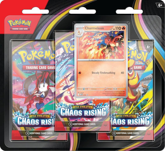 A Pokemon Chaos Rising three-pack blister featuring a Charmeleon promo card.
