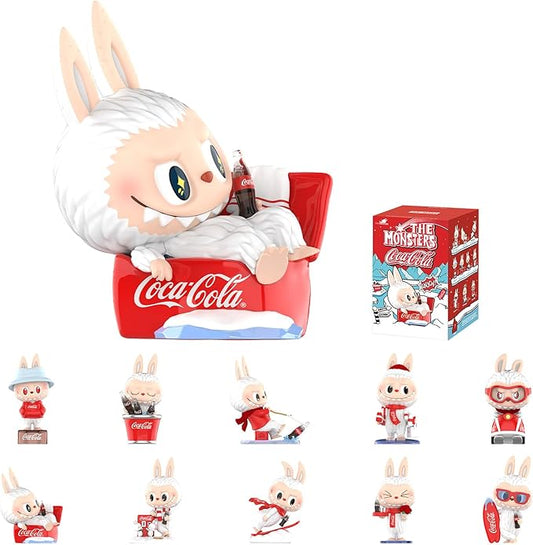 A collection of Labubu monster figures featuring Coca-Cola themed accessories and packaging.