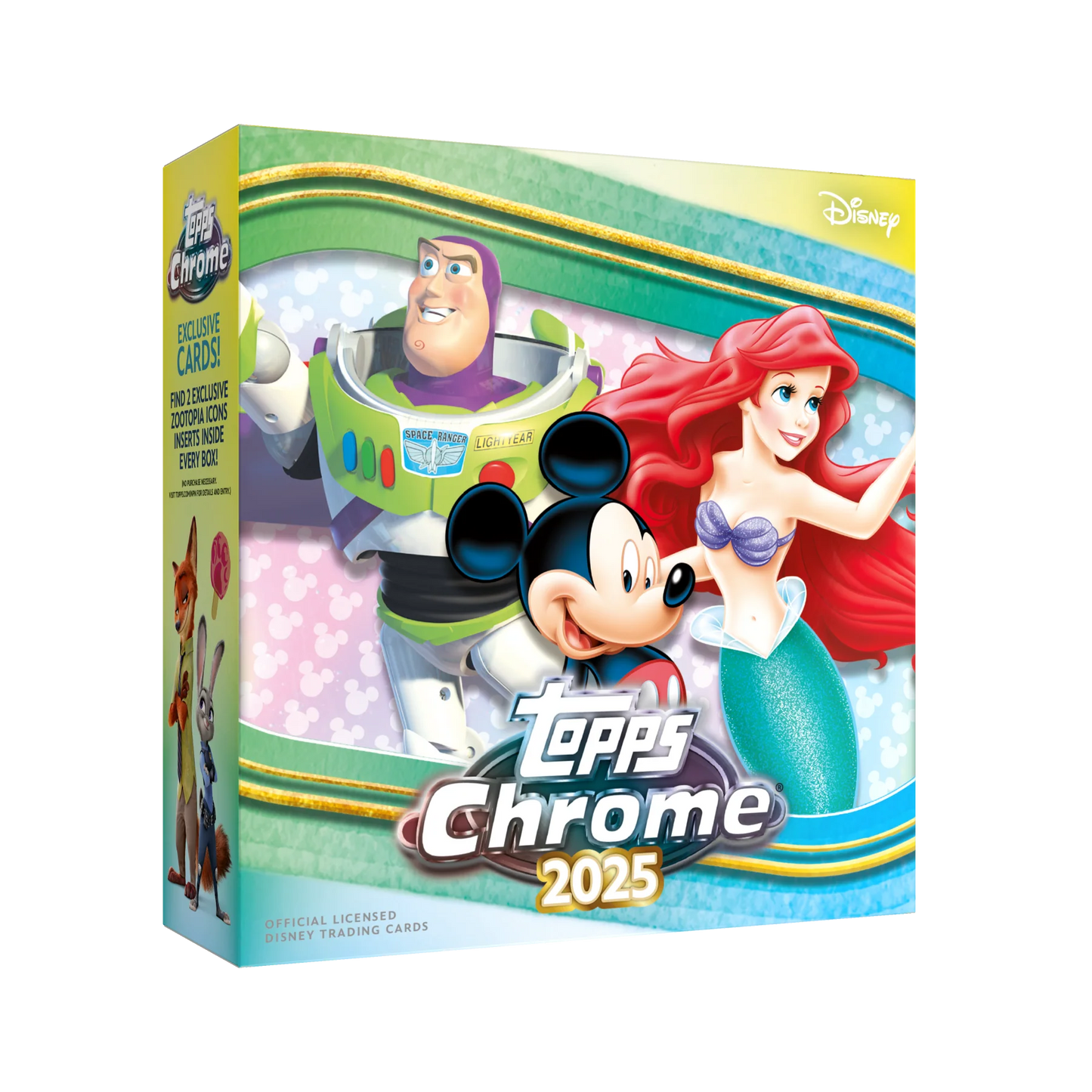 A 2025 Topps Chrome Disney trading card mega box featuring Buzz Lightyear, Ariel, and Mickey Mouse.