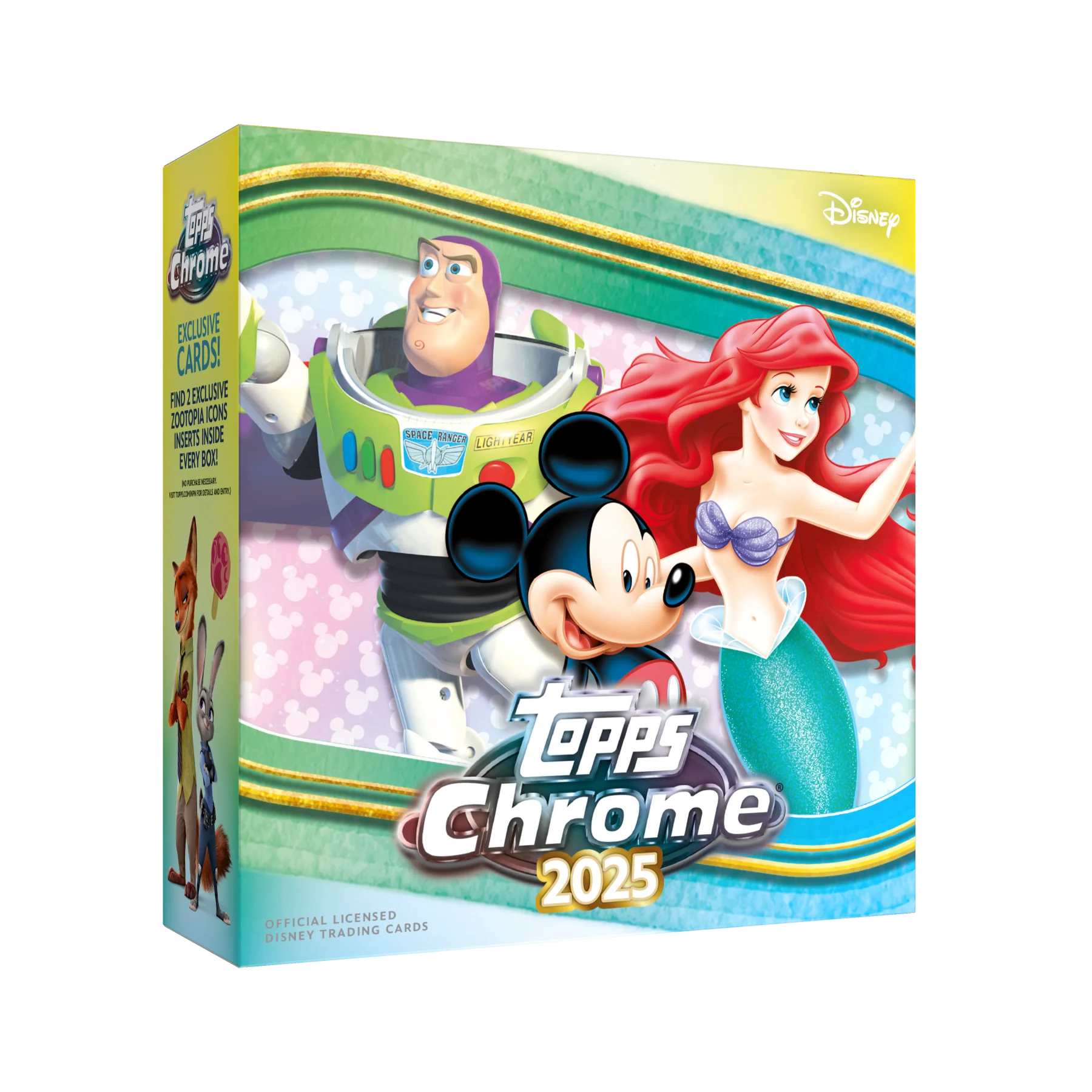 A 2025 Topps Chrome Disney trading card mega box featuring Buzz Lightyear, Ariel, and Mickey Mouse.