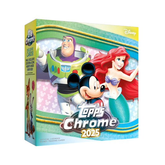 A 2025 Topps Chrome Disney trading card mega box featuring Buzz Lightyear, Ariel, and Mickey Mouse.