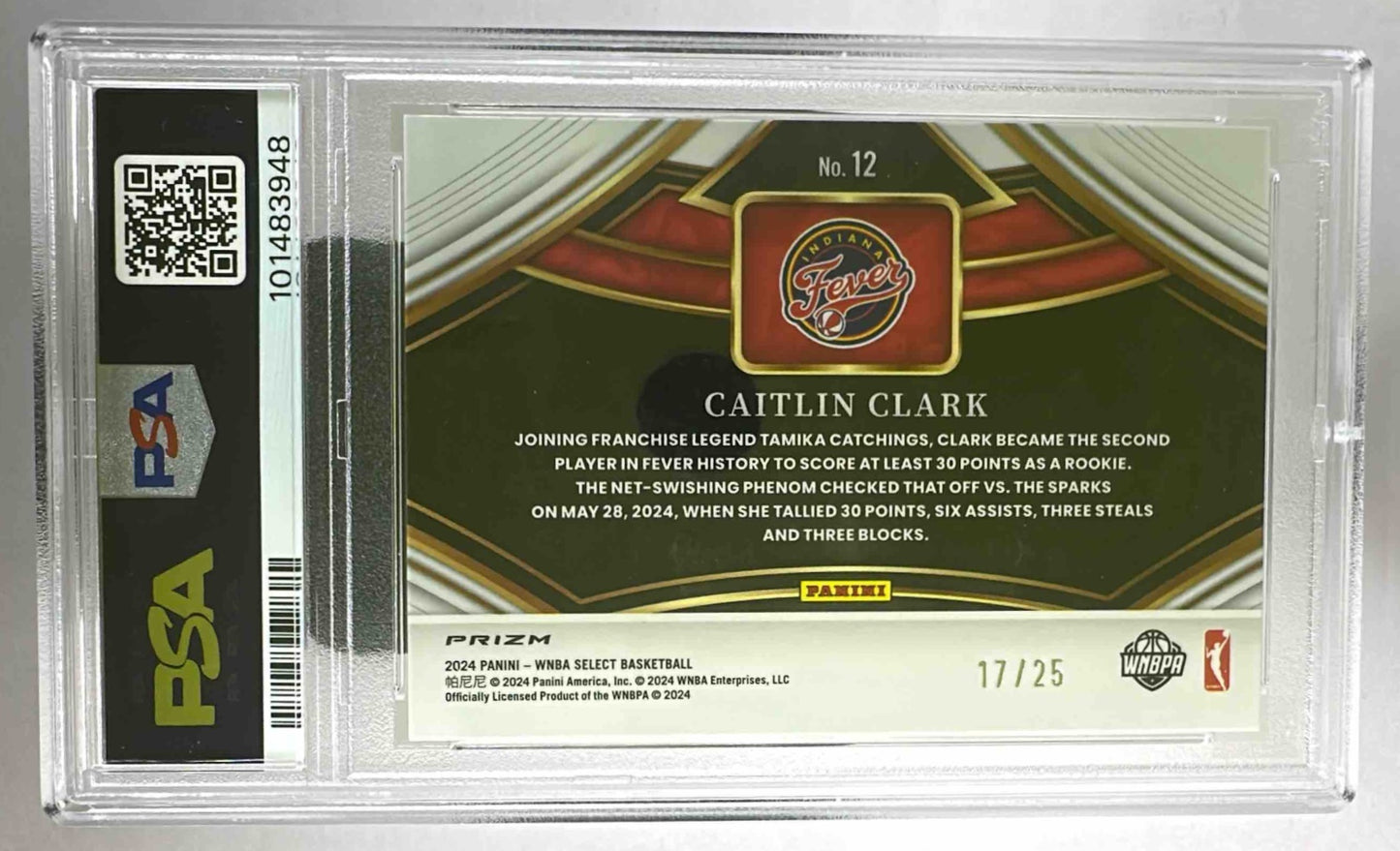 The back of a graded 2024 Panini Select Caitlin Clark rookie card numbered 17 of 25.