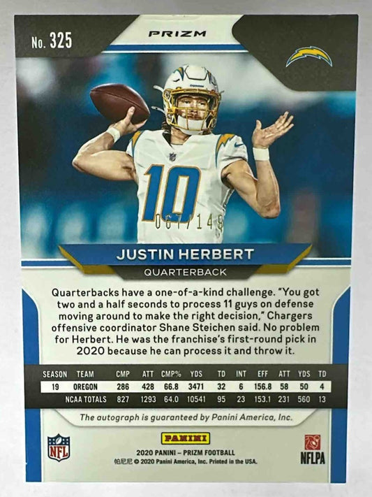 Back of a 2020 Panini Prizm Justin Herbert rookie card numbered 067 out of 149.