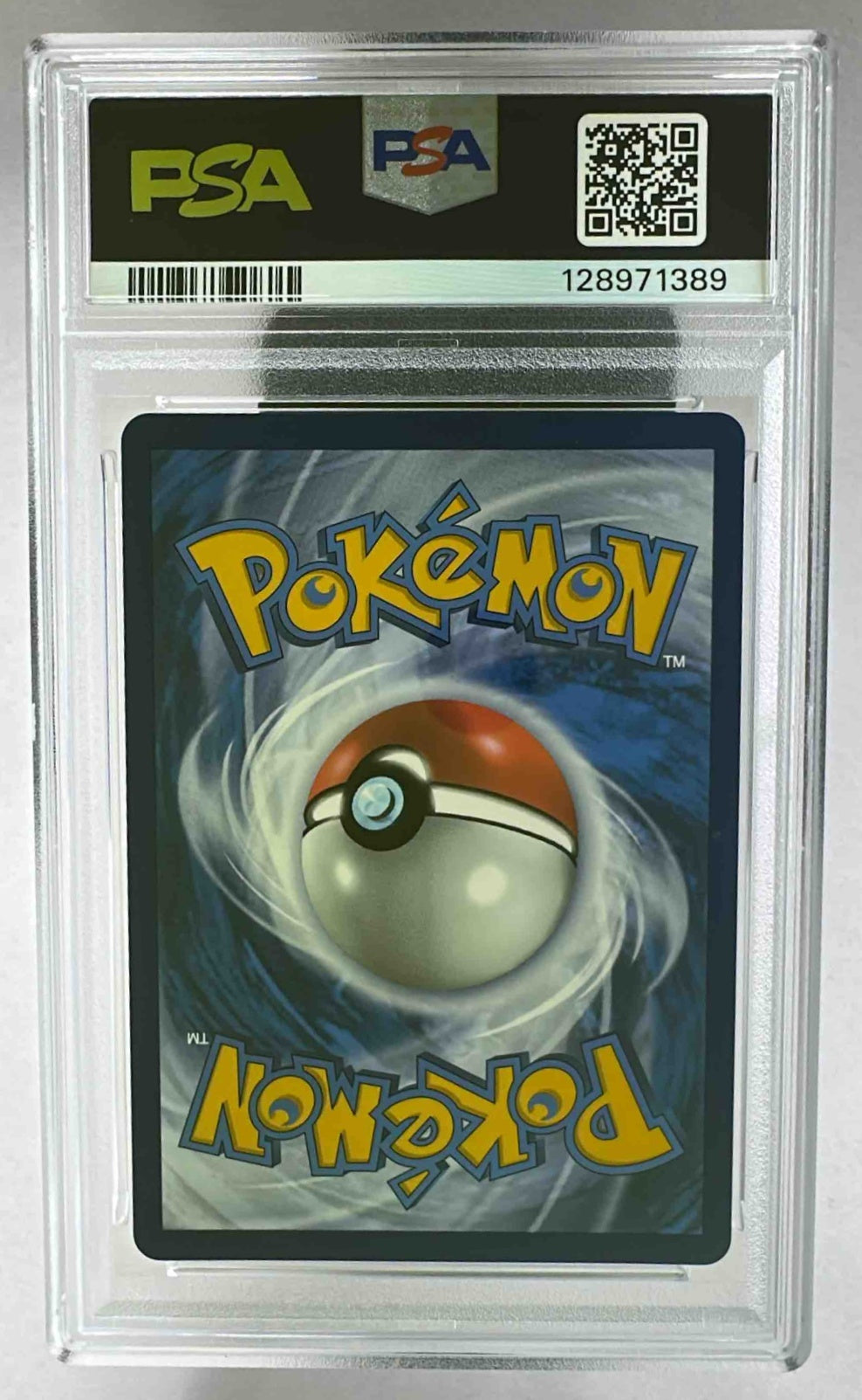 The back of a PSA 10 graded Arven's Mabosstiff ex Pokemon card in a protective plastic slab.