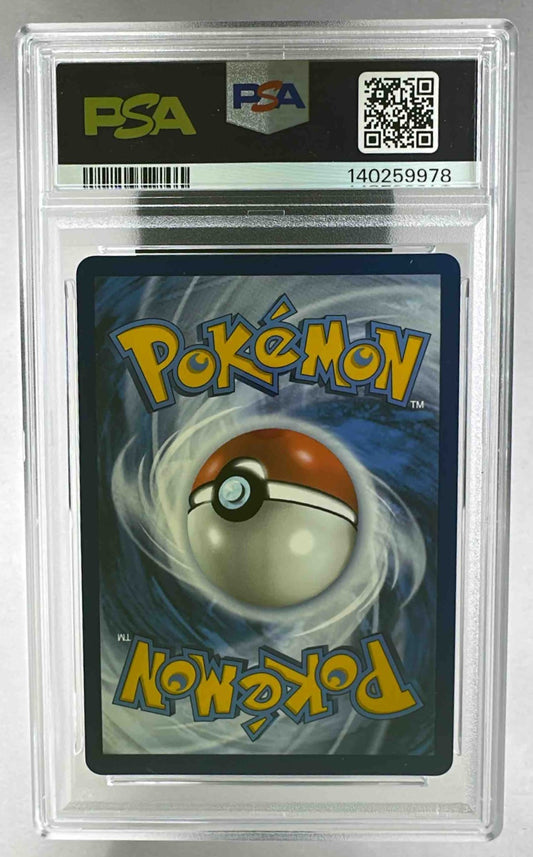 The back of a graded Pokemon card in a clear PSA protective plastic case.