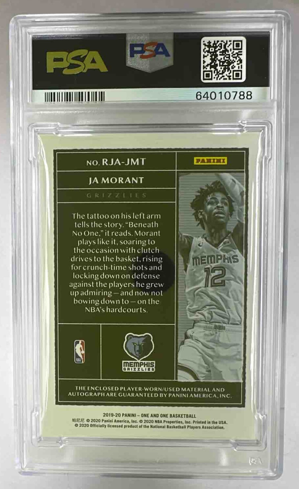 The back of a graded Ja Morant rookie basketball card in a protective PSA plastic case.