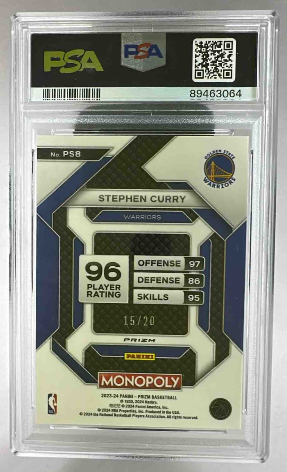 A graded Stephen Curry Monopoly Prizm basketball card numbered 15 of 20 in a PSA slab.
