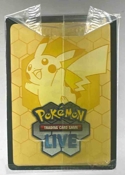 A Pokemon Trading Card Game Live promotional card featuring Pikachu in a protective sleeve.